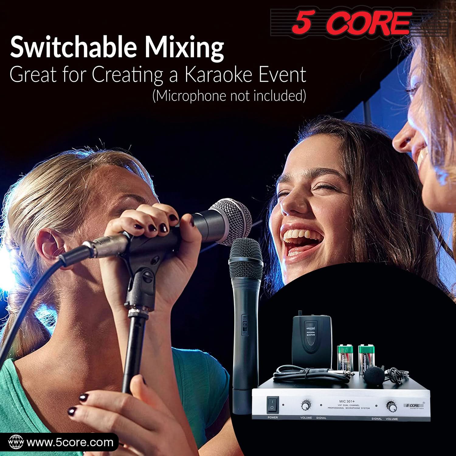 5Core Wireless Microphone VHF Handheld Microfono Inalambrico &amp; 1 Collar Mic + Receiver