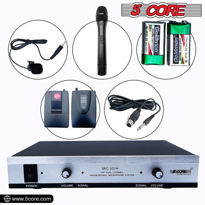 5Core Wireless Microphone VHF Handheld Microfono Inalambrico &amp; 1 Collar Mic + Receiver